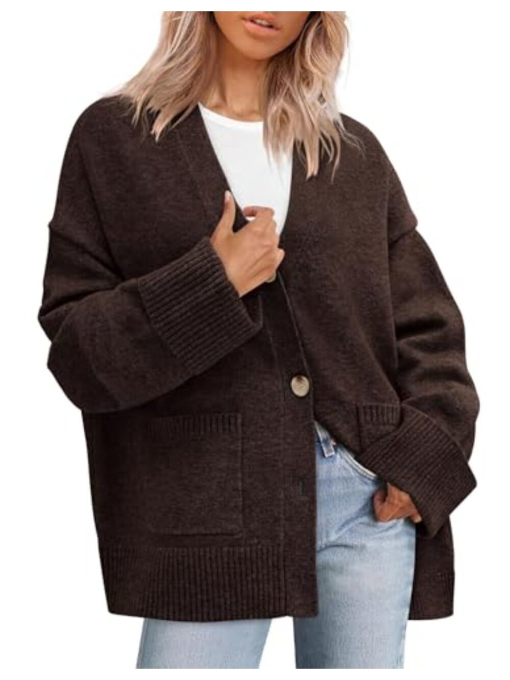 Oversized Chunky Knit Cardigan Sweater Button Down V Neck Pockets
